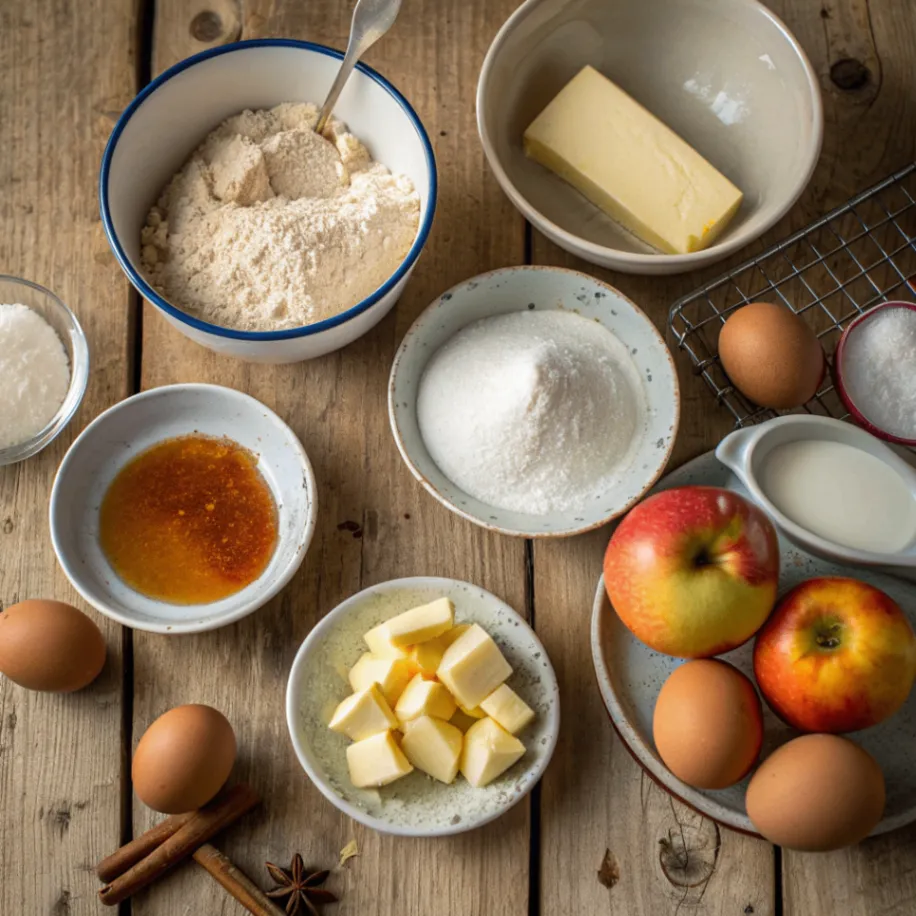 Zutaten für Apfelmuskuchen vom Blech auf Holztisch mit Mehl, Butter, Eiern, Apfelmus und Zucker