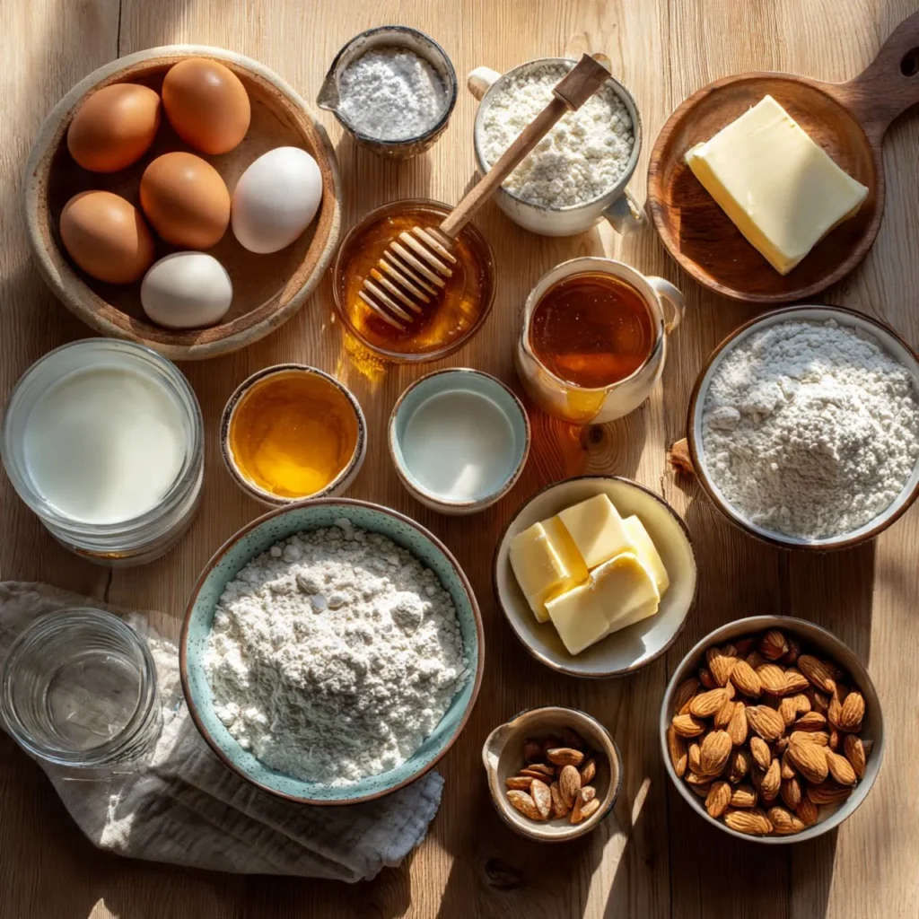 Zutaten für Bienenstich-Biskuitrolle mit Eiern, Zucker, Mehl, Mandeln, Milch und Vanille