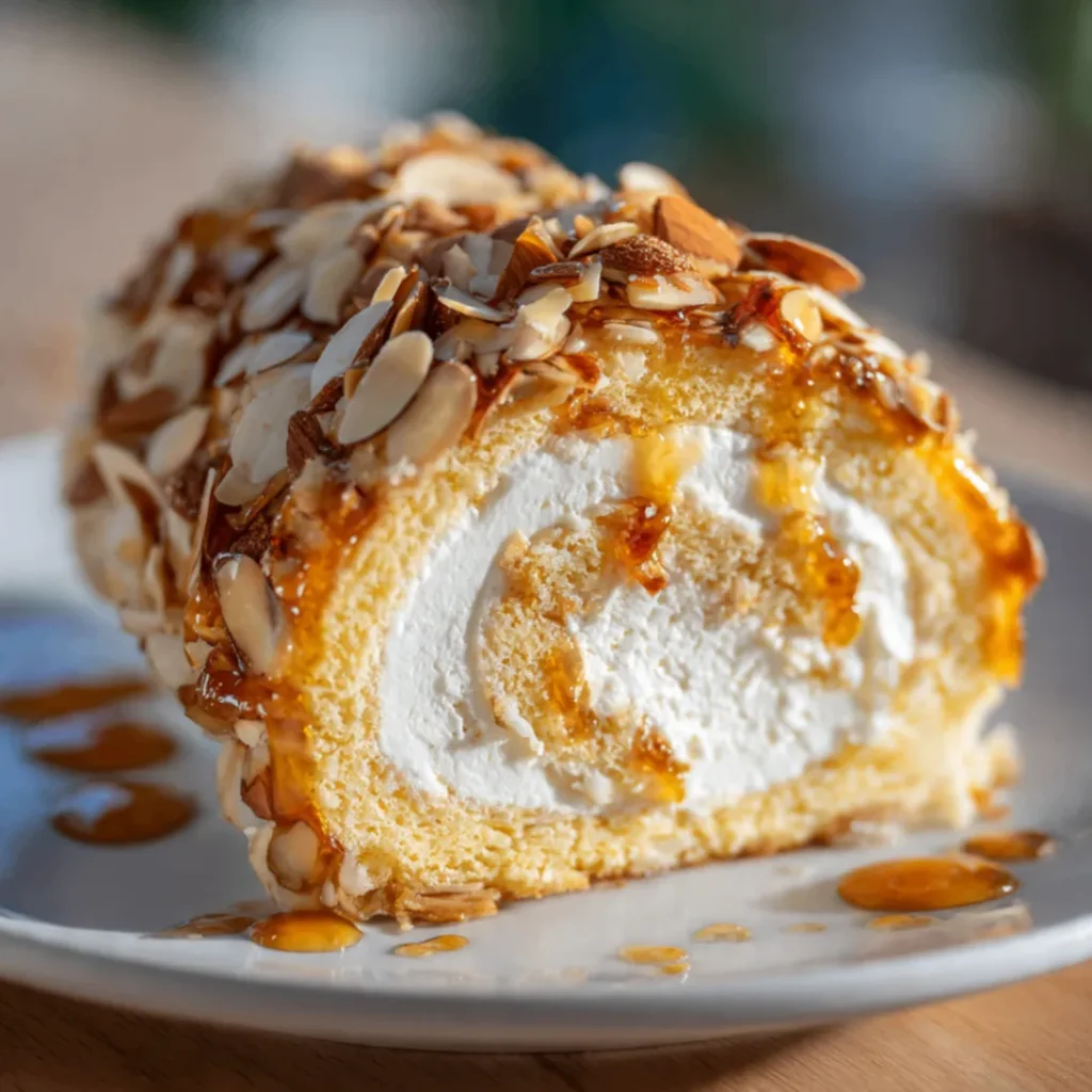 Bienenstich-Biskuitrolle mit Vanillecreme und karamellisierter Mandelschicht auf Teller