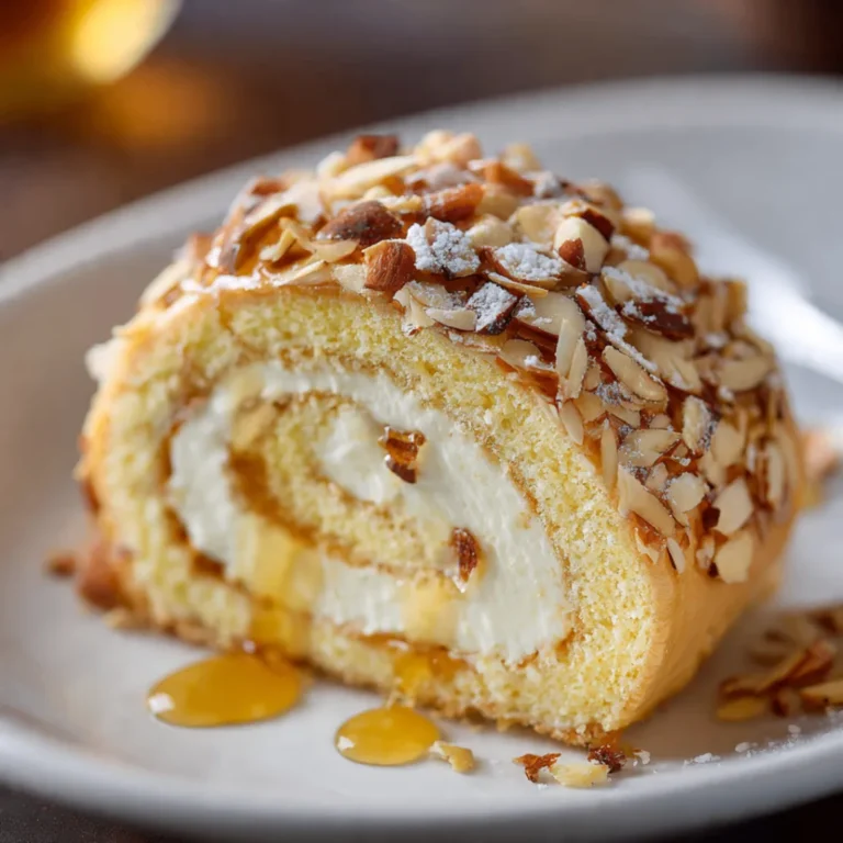 Bienenstich-Biskuitrolle mit Vanillecreme und karamellisierter Mandelschicht auf Teller