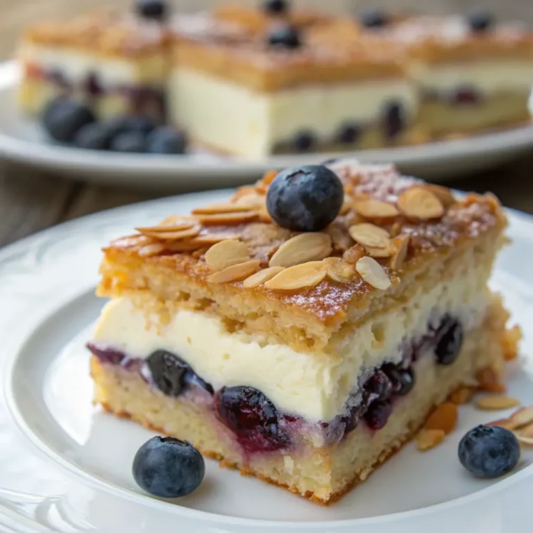 Bienenstich-Schnitten mit Heidelbeer-Creme auf einem Holzbrett, mit knusprigem Mandel-Honig-Topping und cremiger Heidelbeerfüllung