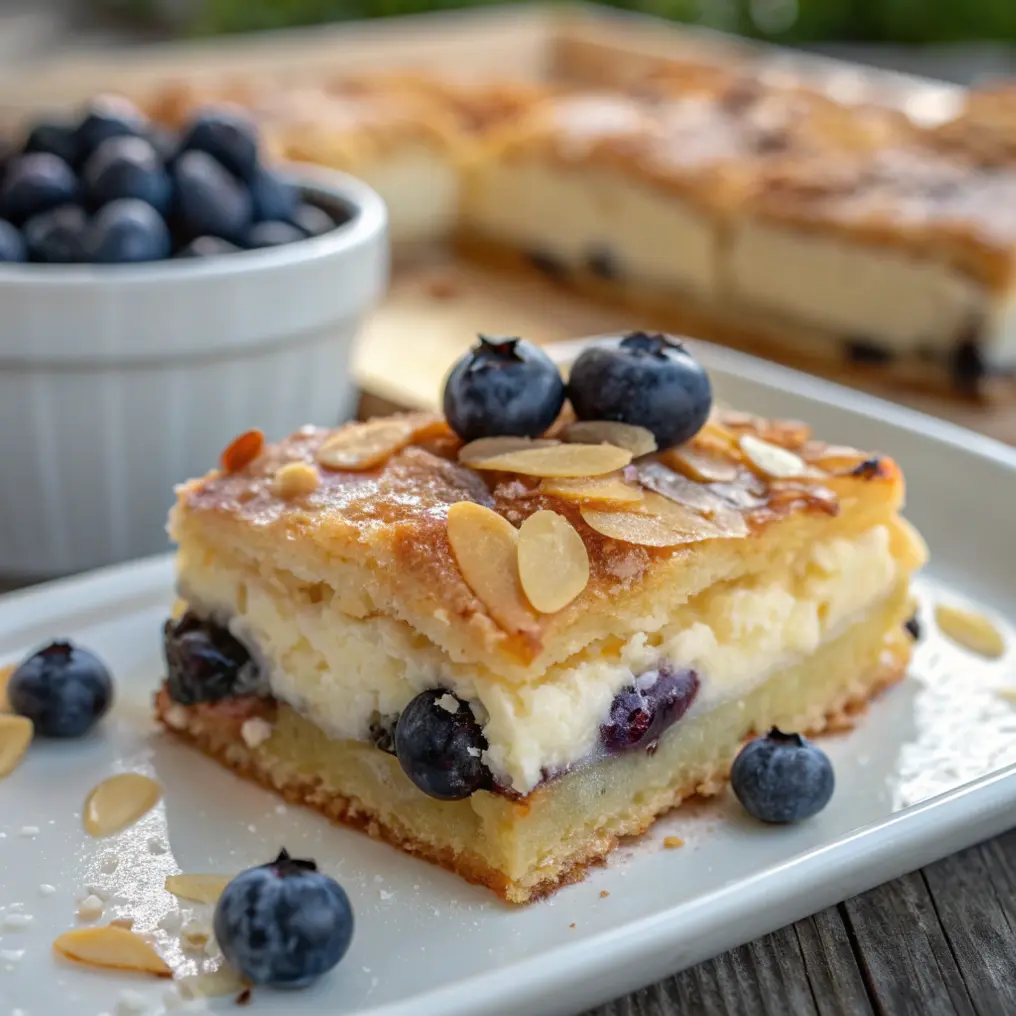 Bienenstich-Schnitten mit Heidelbeer-Creme auf einem Holzbrett, mit knusprigem Mandel-Honig-Topping und cremiger Heidelbeerfüllung