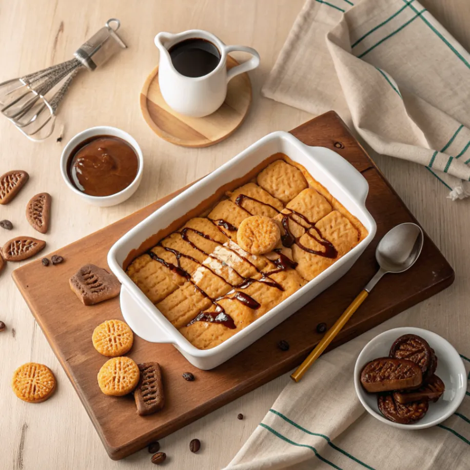 Lotus Biscoff Kekse werden in einer Auflaufform mit Espresso beträufelt
