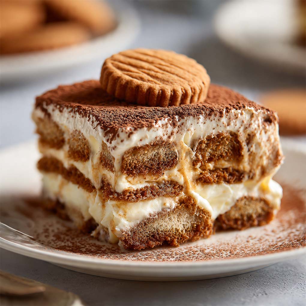 Biscoff Tiramisu mit Mascarpone und Lotus Keksen in einer Glasschale serviert