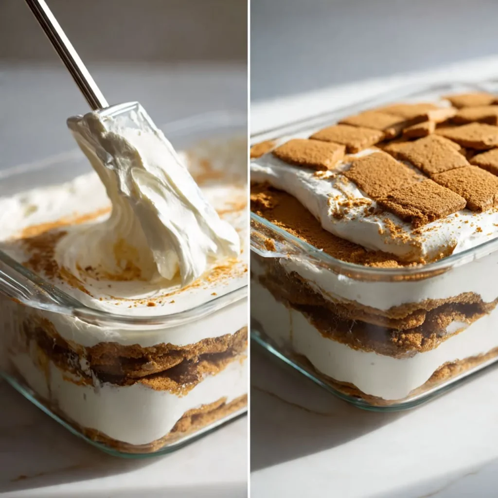 Biscoff Tiramisu Schichten aufbauen Mascarpone-Schicht für Biscoff Tiramisu