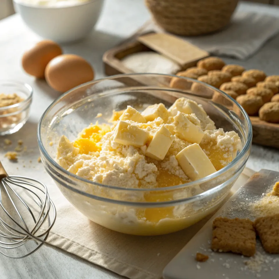 Zerkleinerte Butterkekse werden mit geschmolzener Butter für den Kuchenboden vermischt.