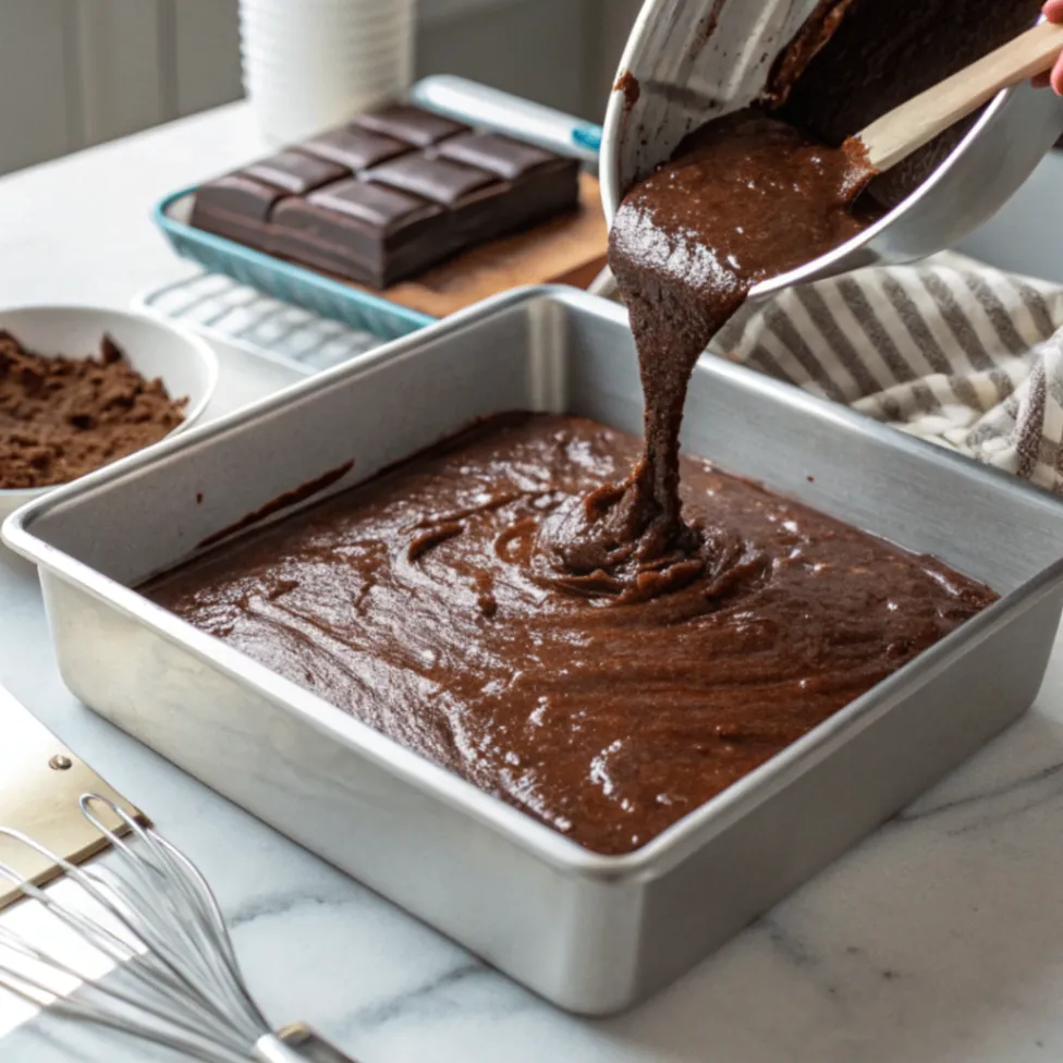 Brownie-Teig gleichmäßig in Backform verteilt