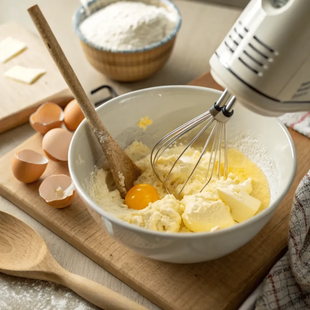 Cremiger Teig aus Butter, Zucker und Eiern für Klassischer Zimt-Streusel-Kaffeekuchen
