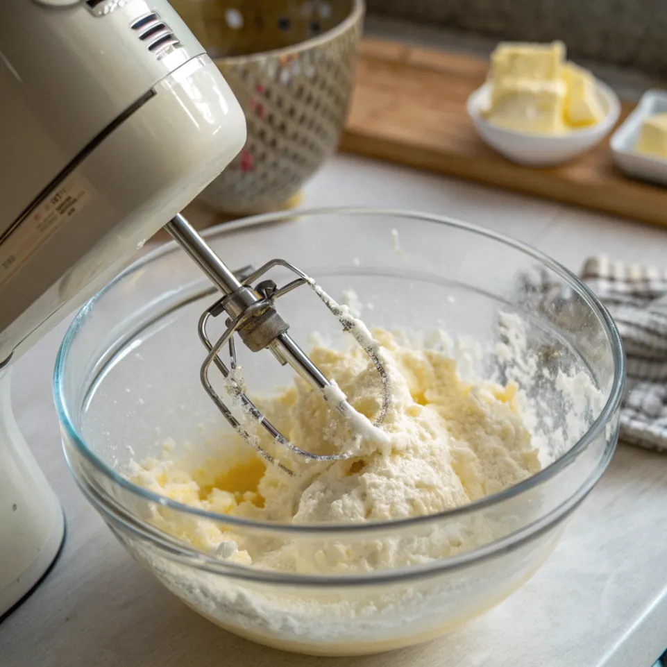 Butter und Zucker werden für Supersaftiger Zimtkuchen cremig gerührt