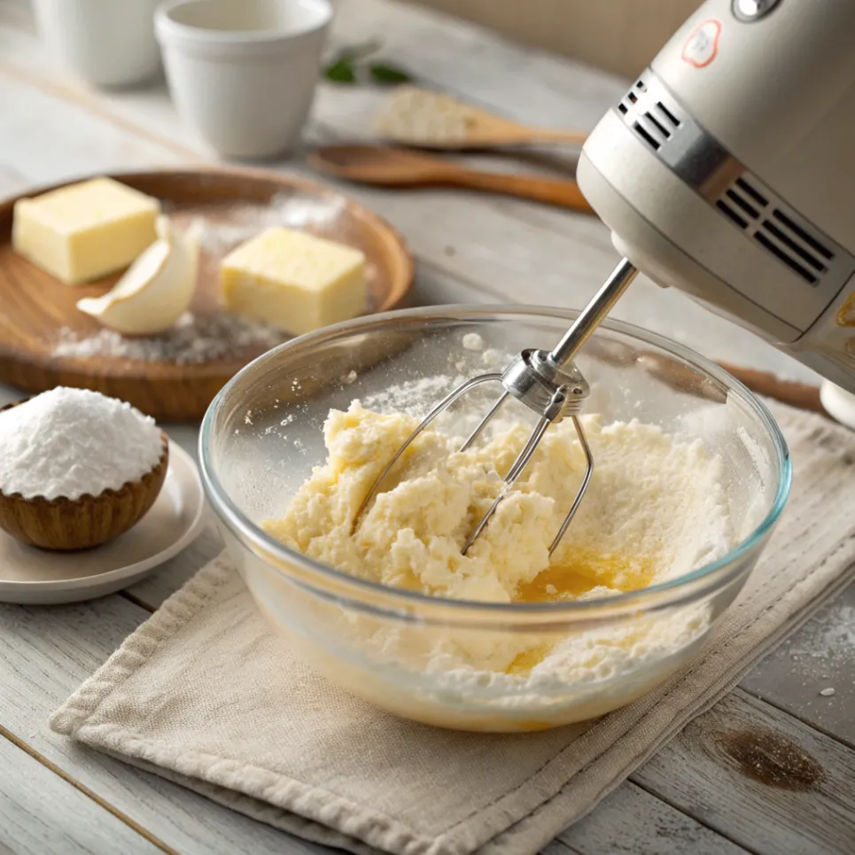 Butter und Zucker werden cremig geschlagen für Apfelmuskuchen vom Blech