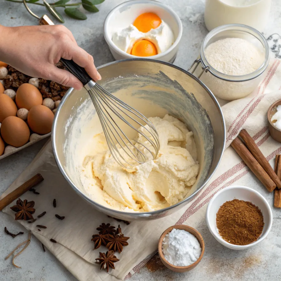 Käsefüllung aus Quark, Frischkäse, Eiern und Zucker in einer Schüssel vermischt