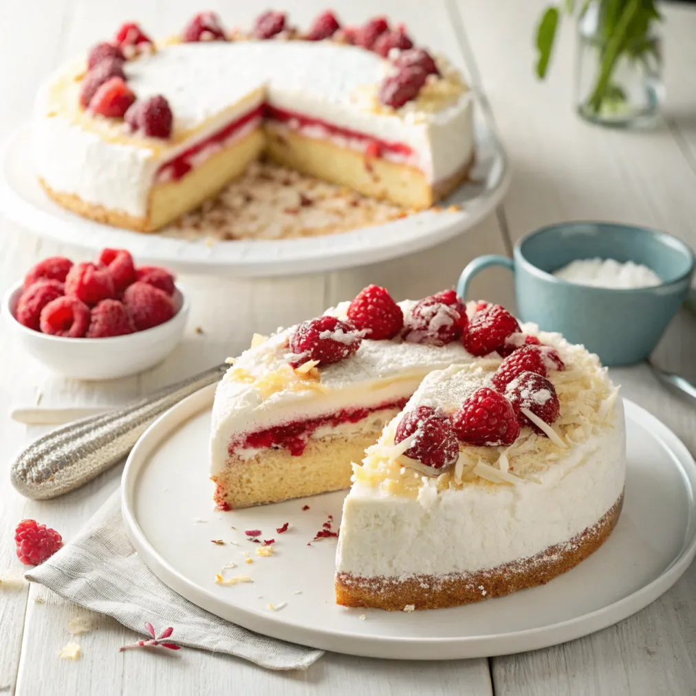 Cremiger Himbeer-Kokos-Kuchen ohne Backen mit frischen Himbeeren und Kokosraspeln auf weißem Teller