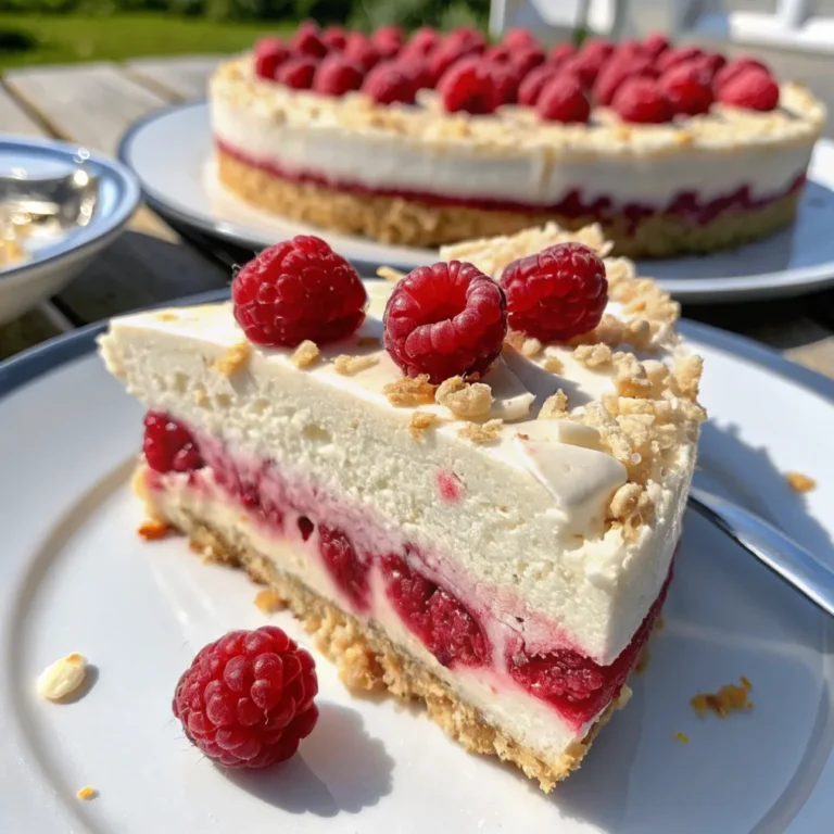 Cremiger Himbeer-Kokos-Kuchen ohne Backen mit frischen Himbeeren und Kokosraspeln auf weißem Teller