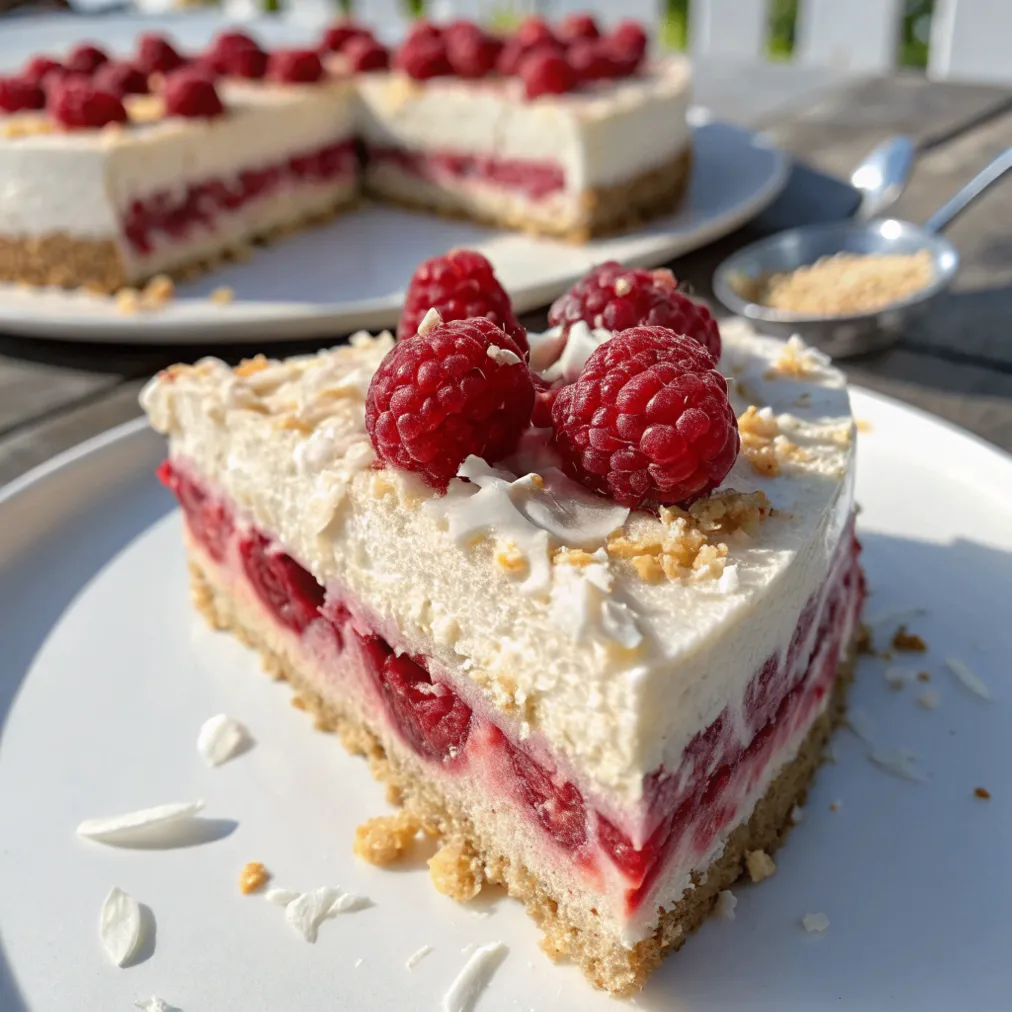 Cremiger Himbeer-Kokos-Kuchen ohne Backen mit frischen Himbeeren und Kokosraspeln auf weißem Teller