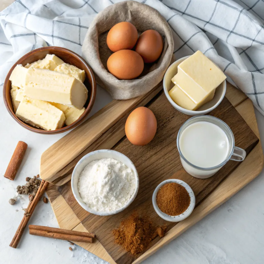 Alle Zutaten für einen Cremigen Zimtschnecken-Käsekuchen auf einem Holzbrett: Frischkäse, Eier, Zucker, Butter, Zimt, Mehl und Milch, bereit zum Backen.