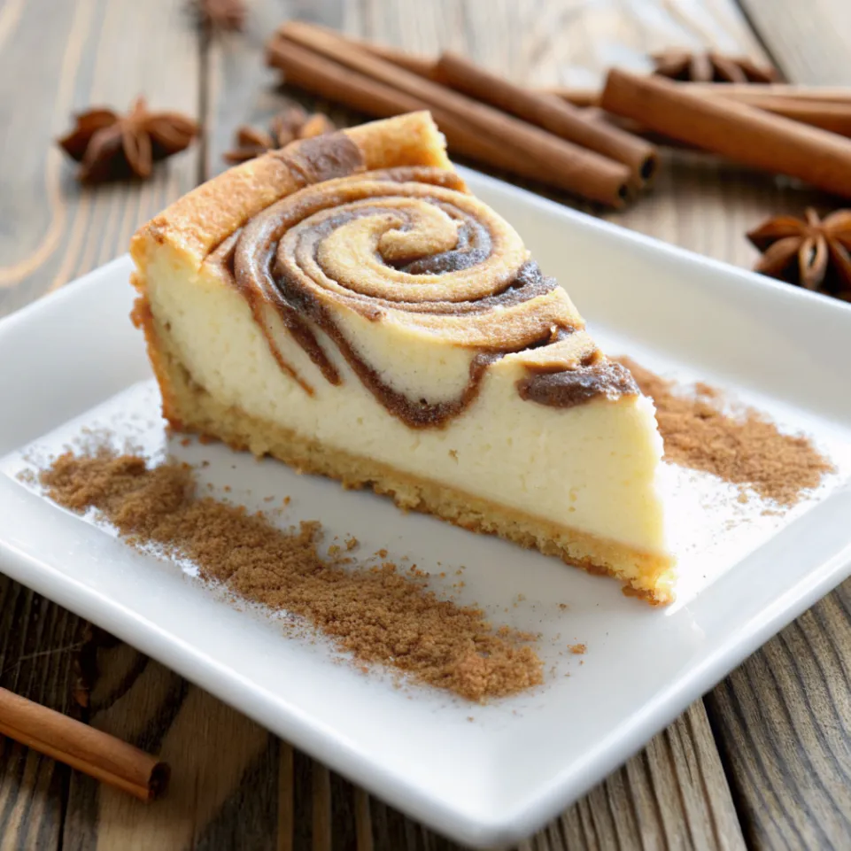 Nahaufnahme eines Stücks Cremiger Zimtschnecken-Käsekuchen mit sichtbaren Zimtwirbeln und cremiger Füllung auf einem weißen Teller