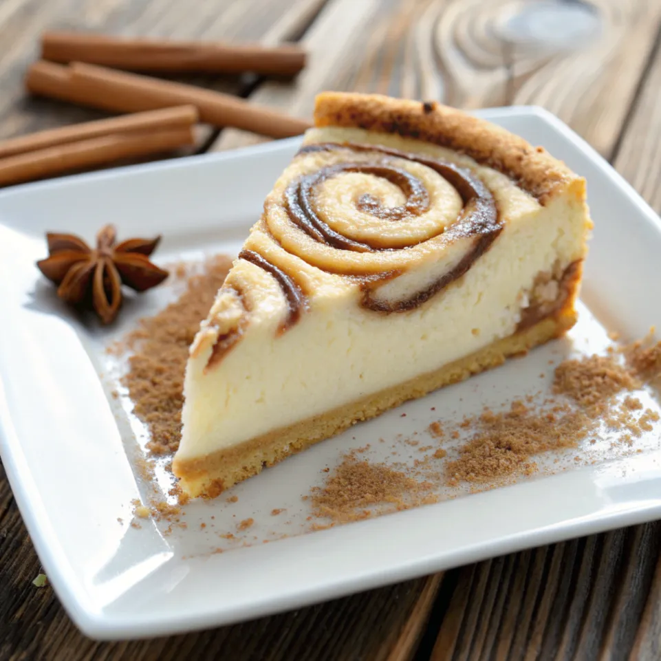 Nahaufnahme eines Stücks Cremiger Zimtschnecken-Käsekuchen mit sichtbaren Zimtwirbeln und cremiger Füllung auf einem weißen Teller