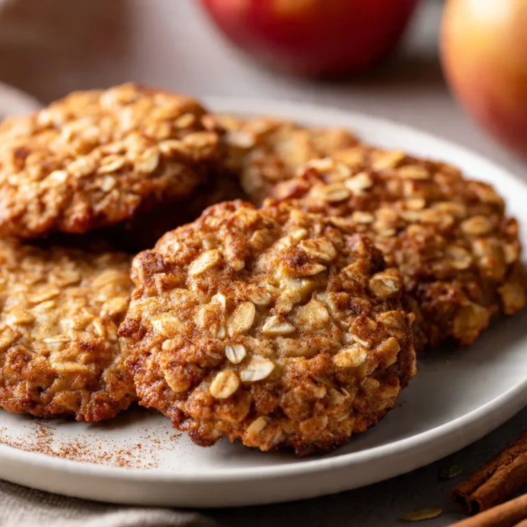 Der gesündeste Apfelkeks auf rustikalem Holztisch, mit Haferflocken, Äpfeln und Nüssen gebacken