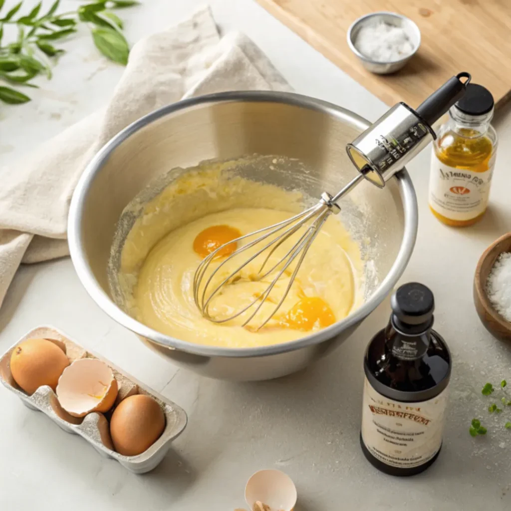 Eier und Zucker in einer Schüssel aufgeschlagen für Brownies
