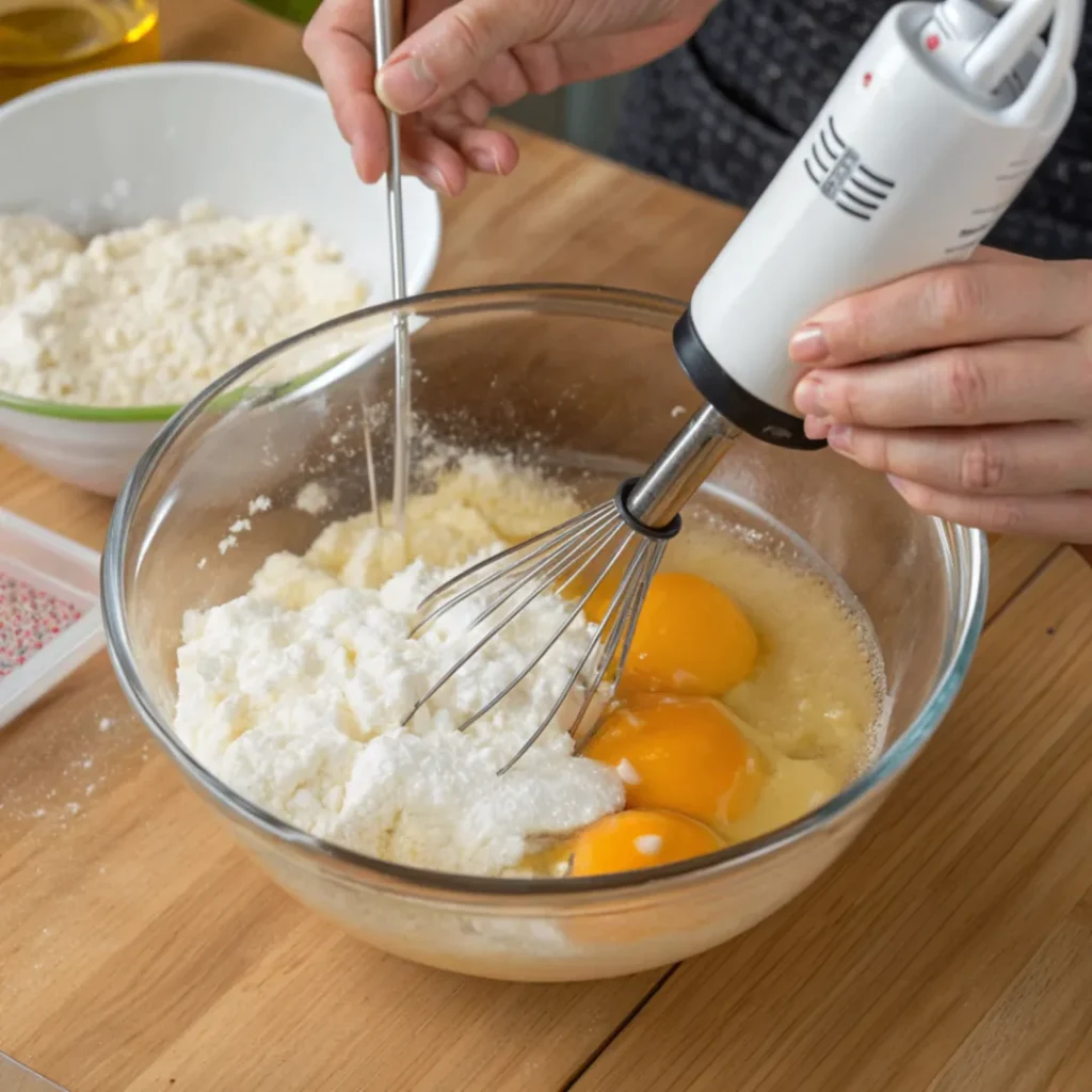 Steif geschlagenes Eiweiß in einer Glasschüssel für die Schokomousse Torte