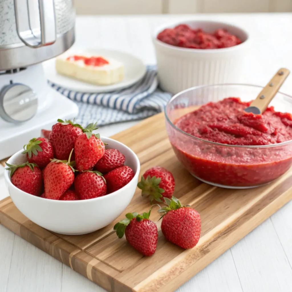 Frische Erdbeeren werden püriert zu rotem Erdbeerpüree für den Käsekuchen