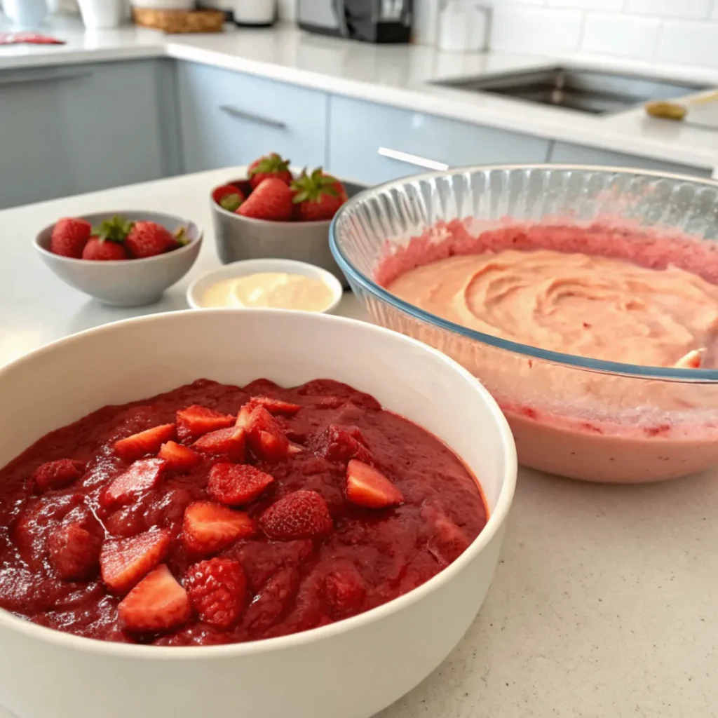 Erdbeeren püriert und erhitzt für die Fruchtschicht des Himmlischer Frau Holle Kuchen