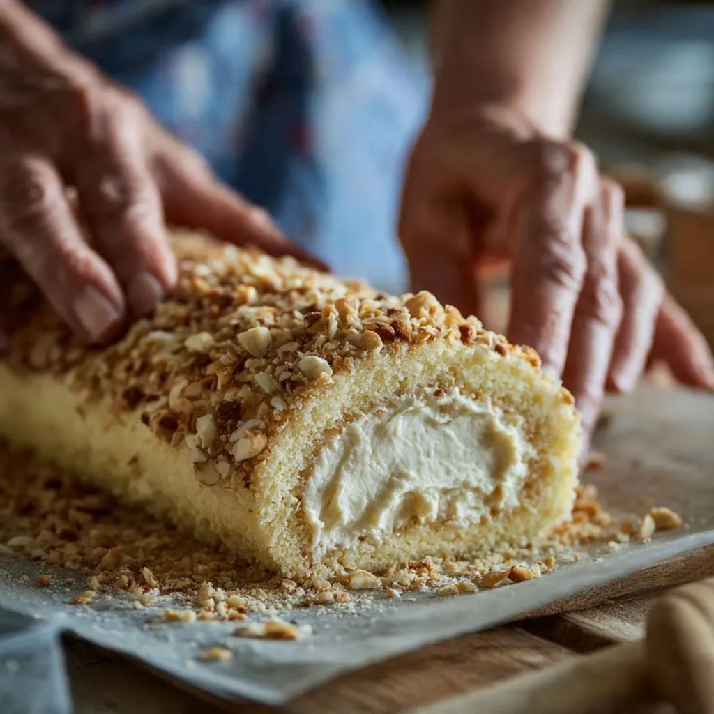 Finales Servierfoto der fertigen Bienenstich-Biskuitrolle mit cremiger Füllung und karamellisierter Mandelkruste.