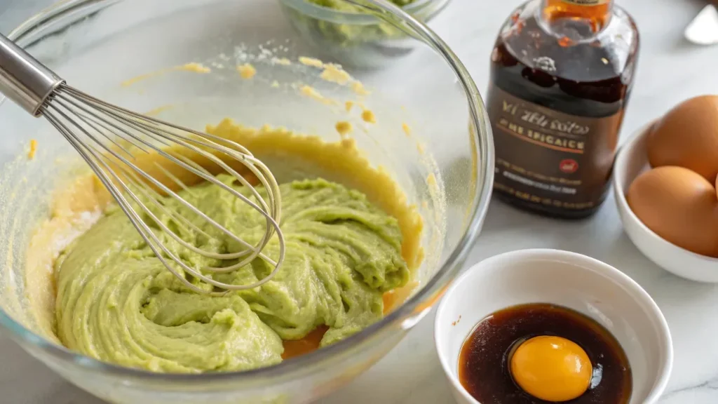 Avocadocreme mit Ahornsirup, Vanille und Eiern wird zu einer glatten Masse verrührt