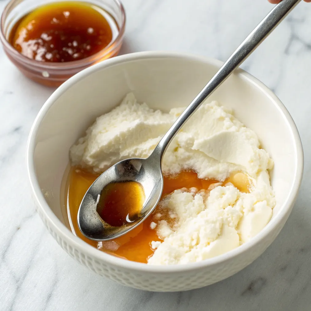 Schritt 3: Flüssige Zutaten wie Honig und Vanilleextrakt in den Hüttenkäse einarbeiten für die perfekte Mischung