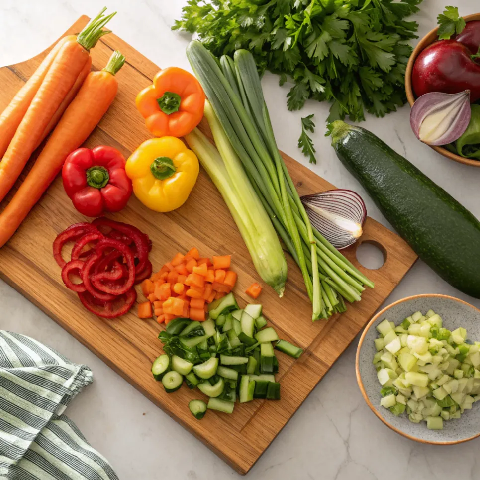 Frisch geschnittenes Gemüse auf einem Holzbrett für Gemüseeintopf