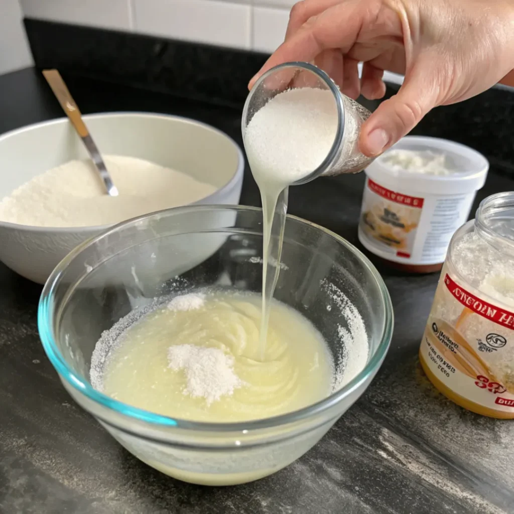 Eingeweichte Gelatine in Schüssel für Zitronentorte ohne Backen mit Limoncello