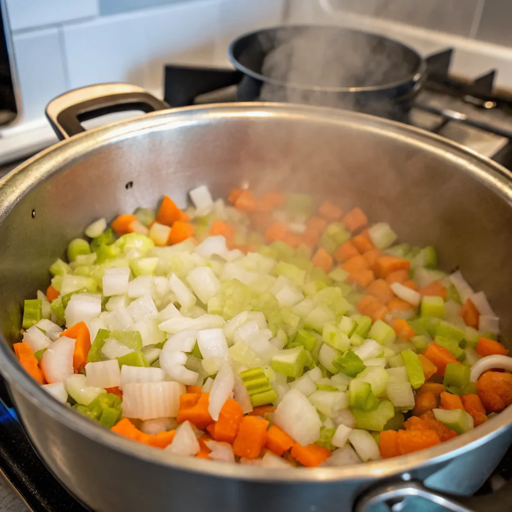 Gemüse wird in einem Topf mit Olivenöl angebraten