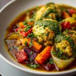 Bunter Gemüseeintopf mit kleinen Knödeln und grünem Pesto in rustikaler Schale