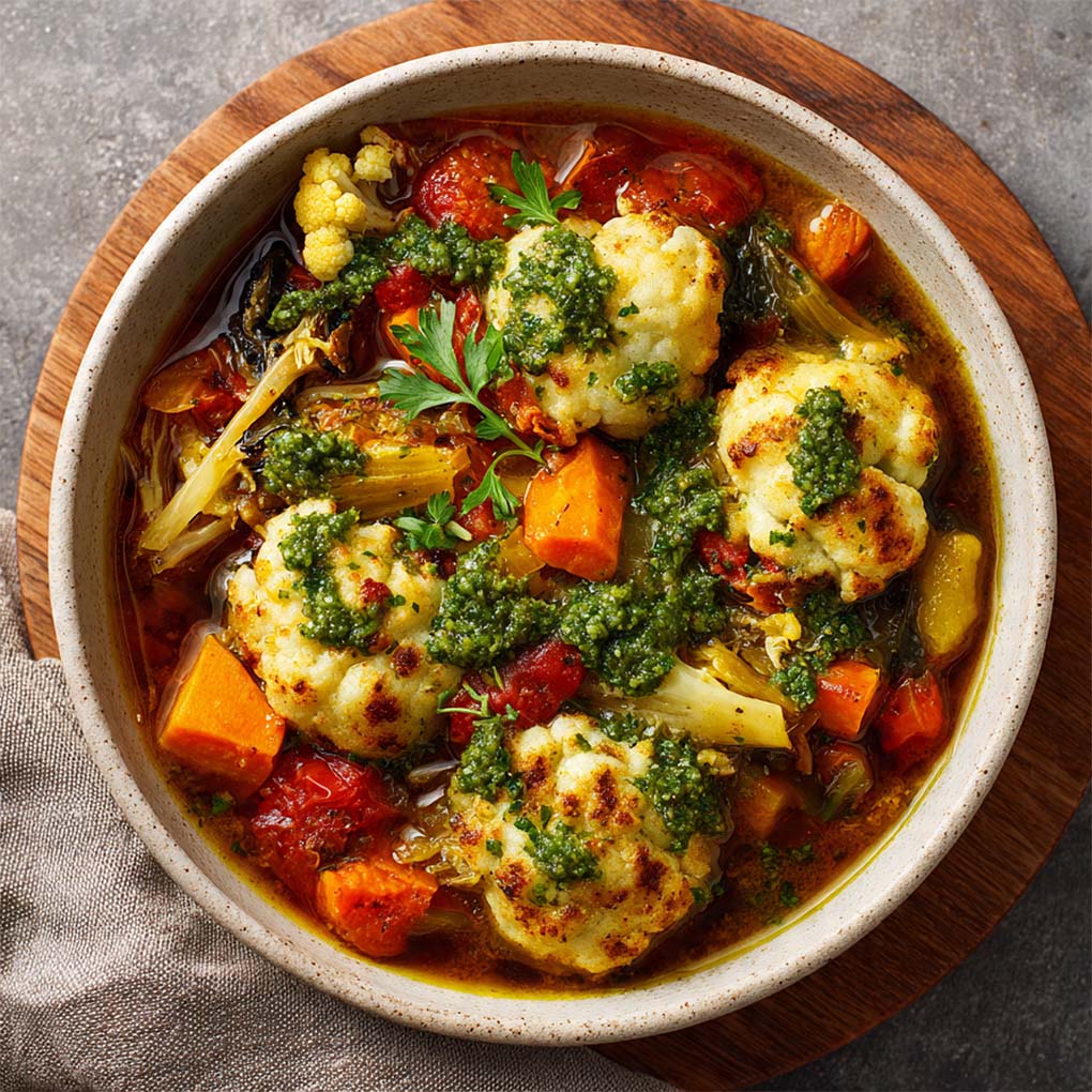 Bunter Gemüseeintopf mit kleinen Knödeln und grünem Pesto in rustikaler Schale