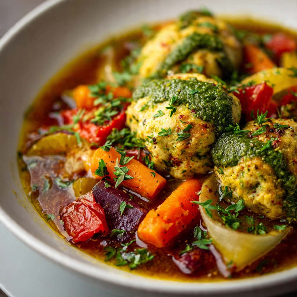 Bunter Gemüseeintopf mit kleinen Knödeln und grünem Pesto in rustikaler Schale