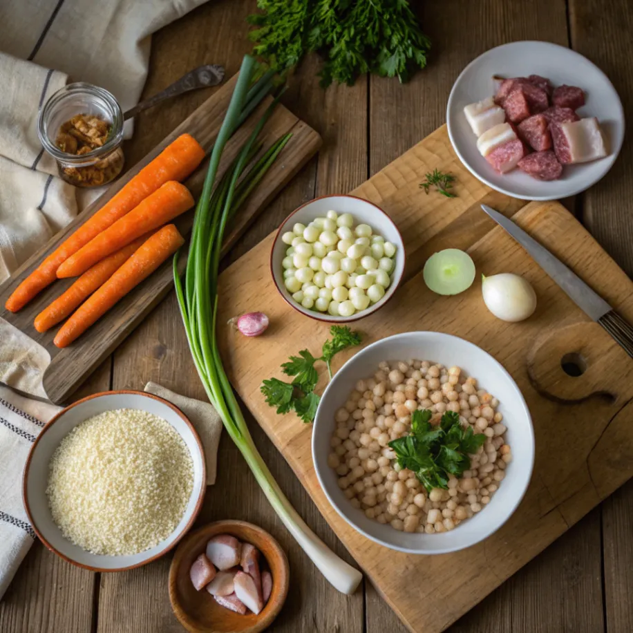 Frische Zutaten für Graupensuppe auf einem Holztisch – Perlgraupen, Gemüse und Speck