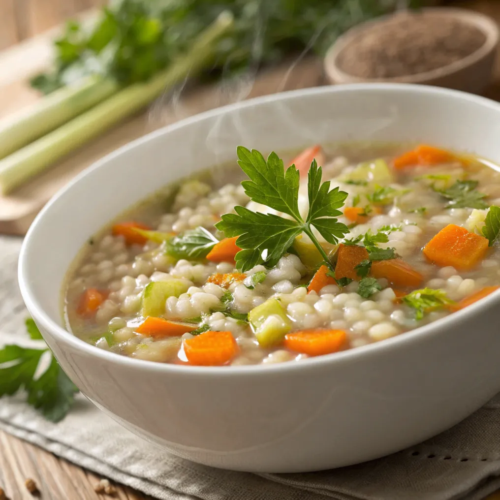 Rustikale Graupensuppe mit Gemüse, Rollgerste und frischer Petersilie in einer Schüssel serviert