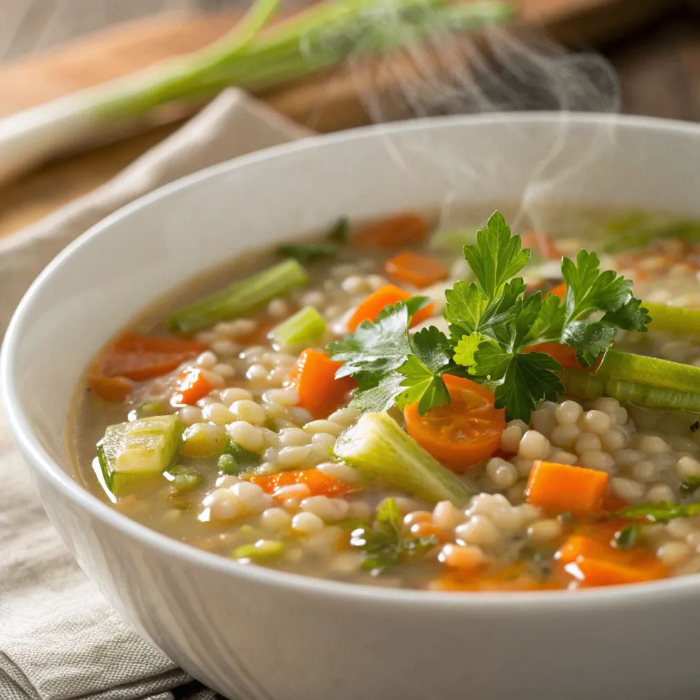 Rustikale Graupensuppe mit Gemüse, Rollgerste und frischer Petersilie in einer Schüssel serviert
