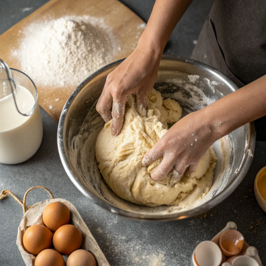 Hände kneten frischen Hefeteig für Bienenstich-Schnitten mit Heidelbeer-Creme