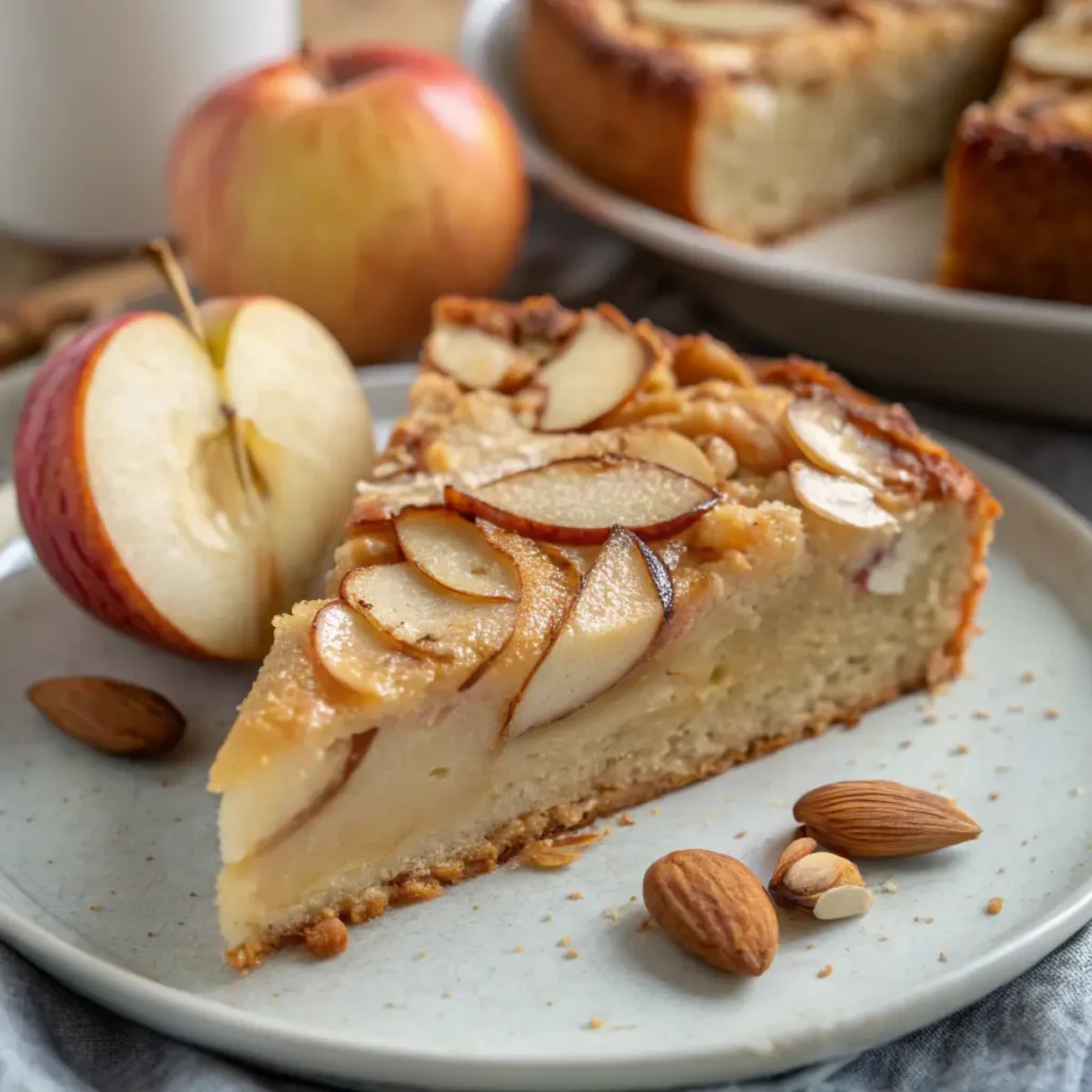 Herbstliche Apfelweintorte mit knusprigem Mandelboden auf rustikalem Holztisch, dekoriert mit Äpfeln und Mandeln