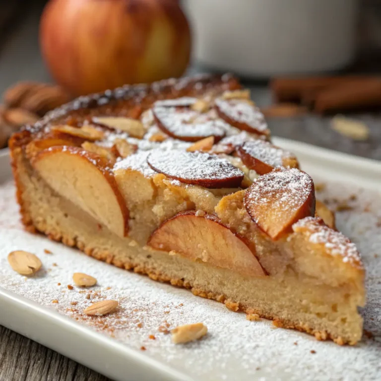 Herbstliche Apfelweintorte mit knusprigem Mandelboden auf rustikalem Holztisch, dekoriert mit Äpfeln und Mandeln