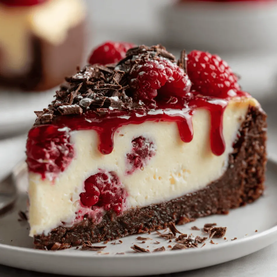 Cremiger Himbeer-Brownie-Cheesecake mit saftigem Brownie-Boden und frischen Himbeeren