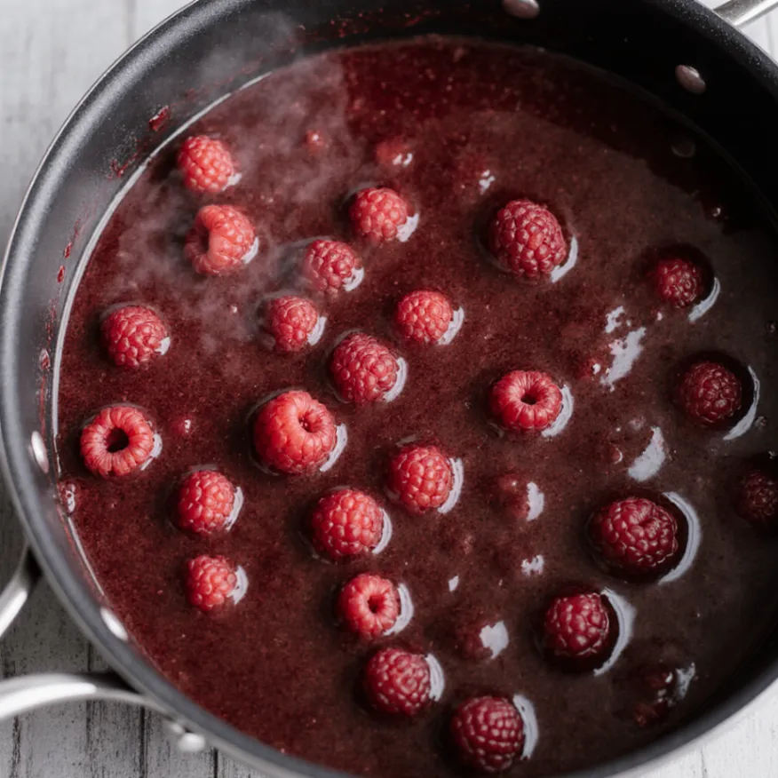 Frische Himbeeren werden mit Zucker zu einer fruchtigen Schicht gekocht.