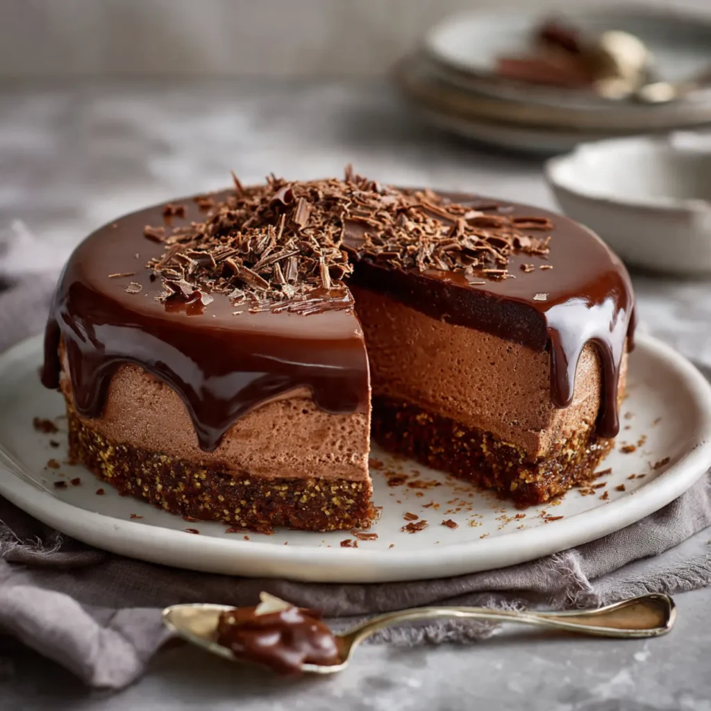 Himmlische Schokomousse Torte mit Schokoladenspänen und frischen Himbeeren auf weißem Teller
