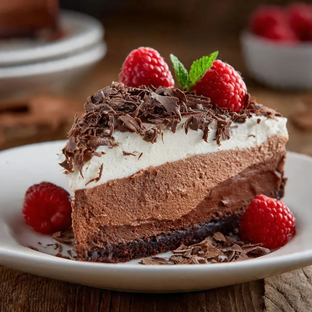 Himmlische Schokomousse Torte mit Schokoladenspänen und frischen Himbeeren auf weißem Teller