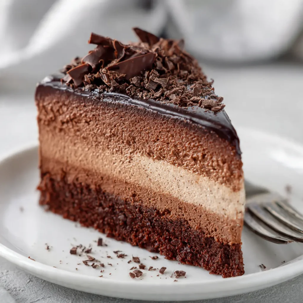 Himmlische Schokomousse Torte mit Schokoladenspänen und frischen Himbeeren auf weißem Teller