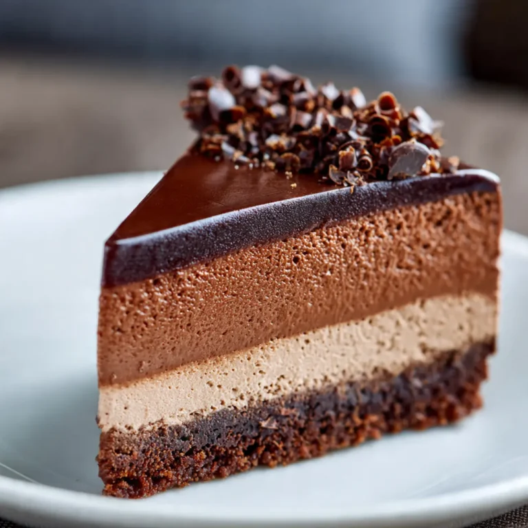 Himmlische Schokomousse Torte mit Schokoladenspänen und frischen Himbeeren auf weißem Teller