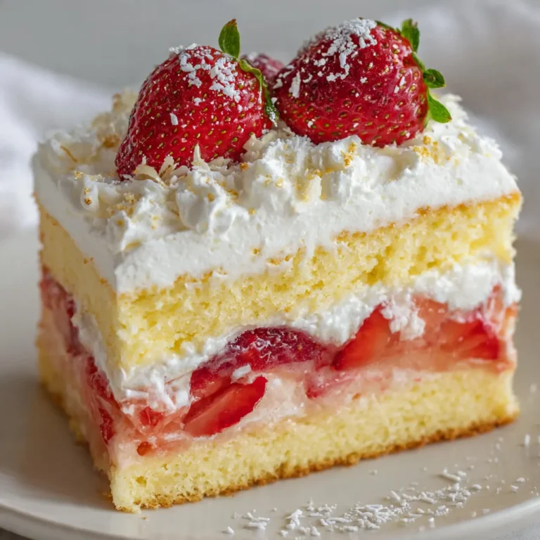 Ein Stück Himmlischer Frau Holle Kuchen mit luftigen Biskuitböden, fruchtiger Erdbeerschicht, cremiger Sahne und weißen Schokoraspeln auf einem weißen Teller.