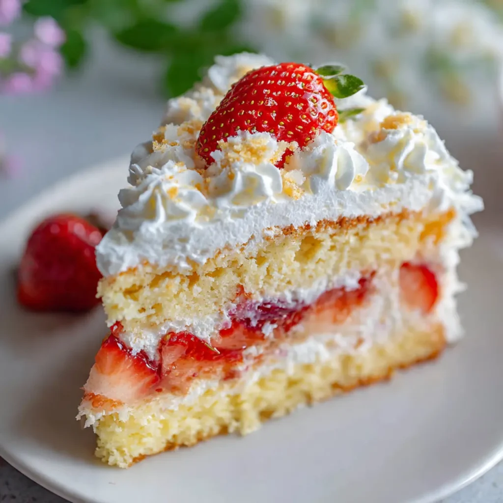 Ein Stück Himmlischer Frau Holle Kuchen mit luftigen Biskuitböden, fruchtiger Erdbeerschicht, cremiger Sahne und weißen Schokoraspeln auf einem weißen Teller.