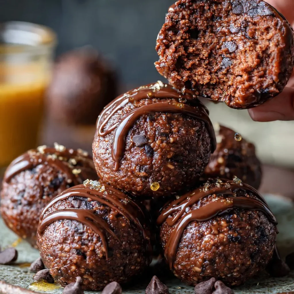 Frisch zubereitete Hüttenkäse-Brownie-Protein-Bällchen auf einem Holzbrett, gesunder Snack